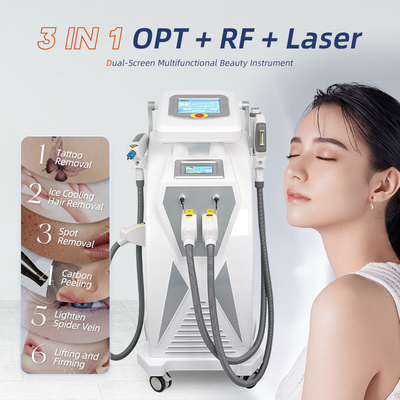 Dubbele schermen 3 in 1 Multifunctionele RF Face Lifting Nd Yag Laser Tattoo Removal OPT IPL Haarverwijder